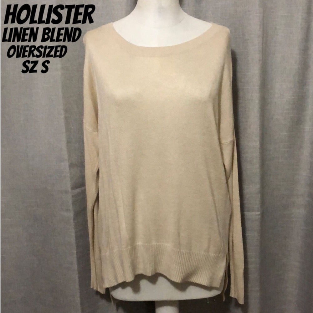 Hollister Linen Blend Sweater-Sz S-Oversized-HiLo Hem-Wider Neck-Cream